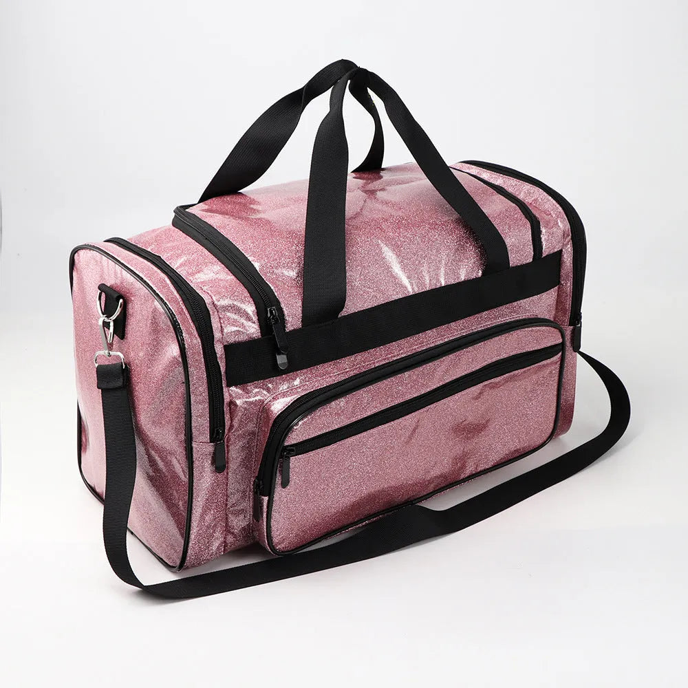 Large black PU leather sports handbag with silver lettering and multiple compartments