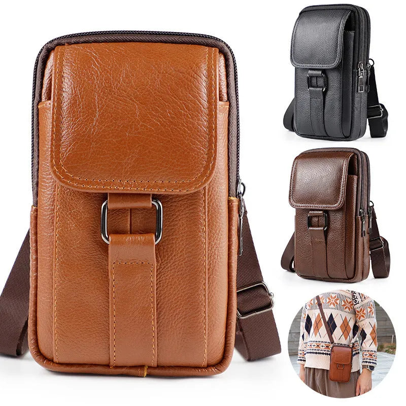 Men's black genuine leather crossbody waist bag showing lock closure and vertical square design
