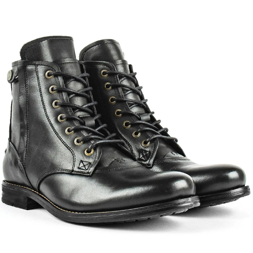 Knight Series men's two-tone leather ankle boots with side zipper, shown in black and brown.