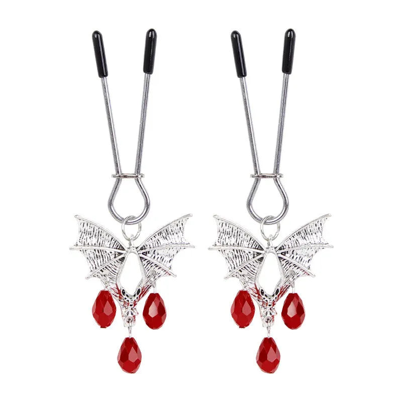 Silver bat nipple clamp with adjustable ruby clip for clitoral stimulation
