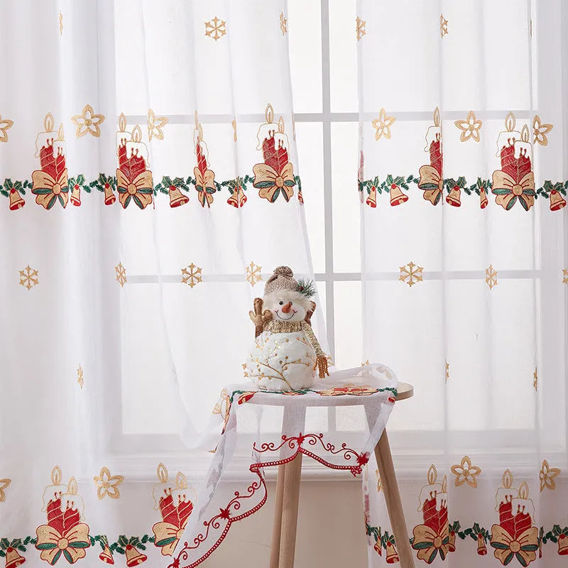Pair of American Christmas curtains with white embroidered snowflake design on red polyester fabric, hung on a window.
