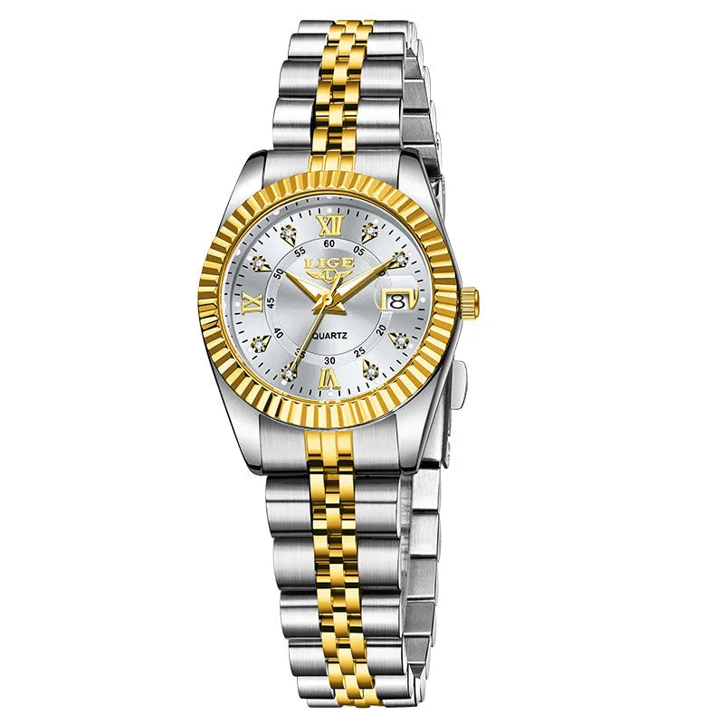 Waterproof leisure quartz watch in gold and silver colour options with 10mm case thickness.