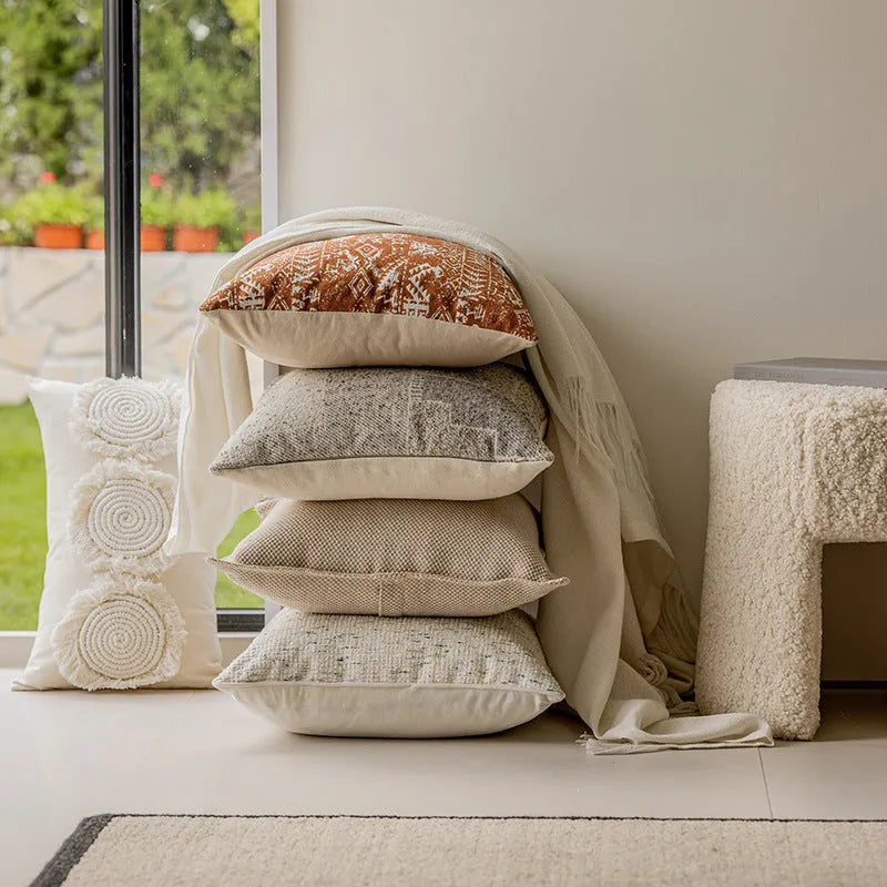 Solid colour pillow cushion on a sofa, showing 45x45cm square size with PP cotton filler.