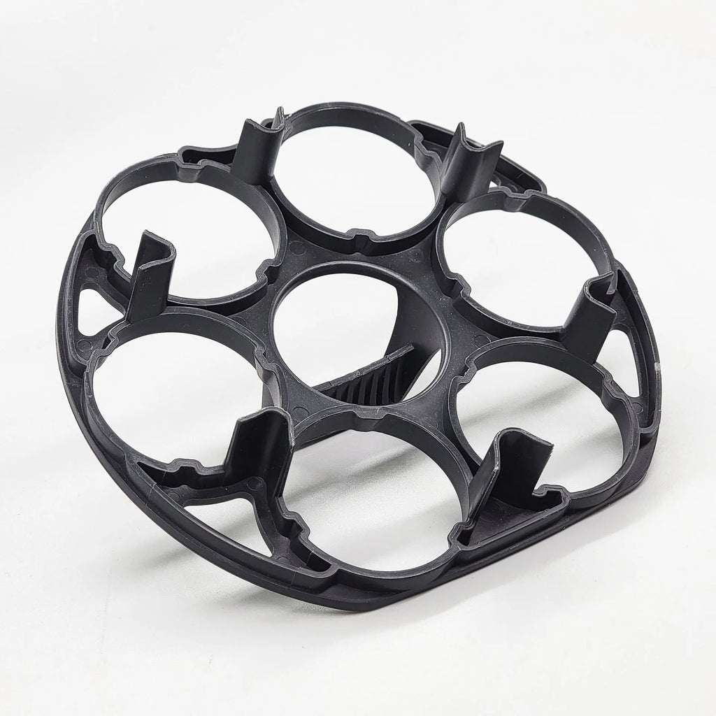 Black plastic egg holder basket with dimensions 13.8 by 12.6 by 5.7 centimetres