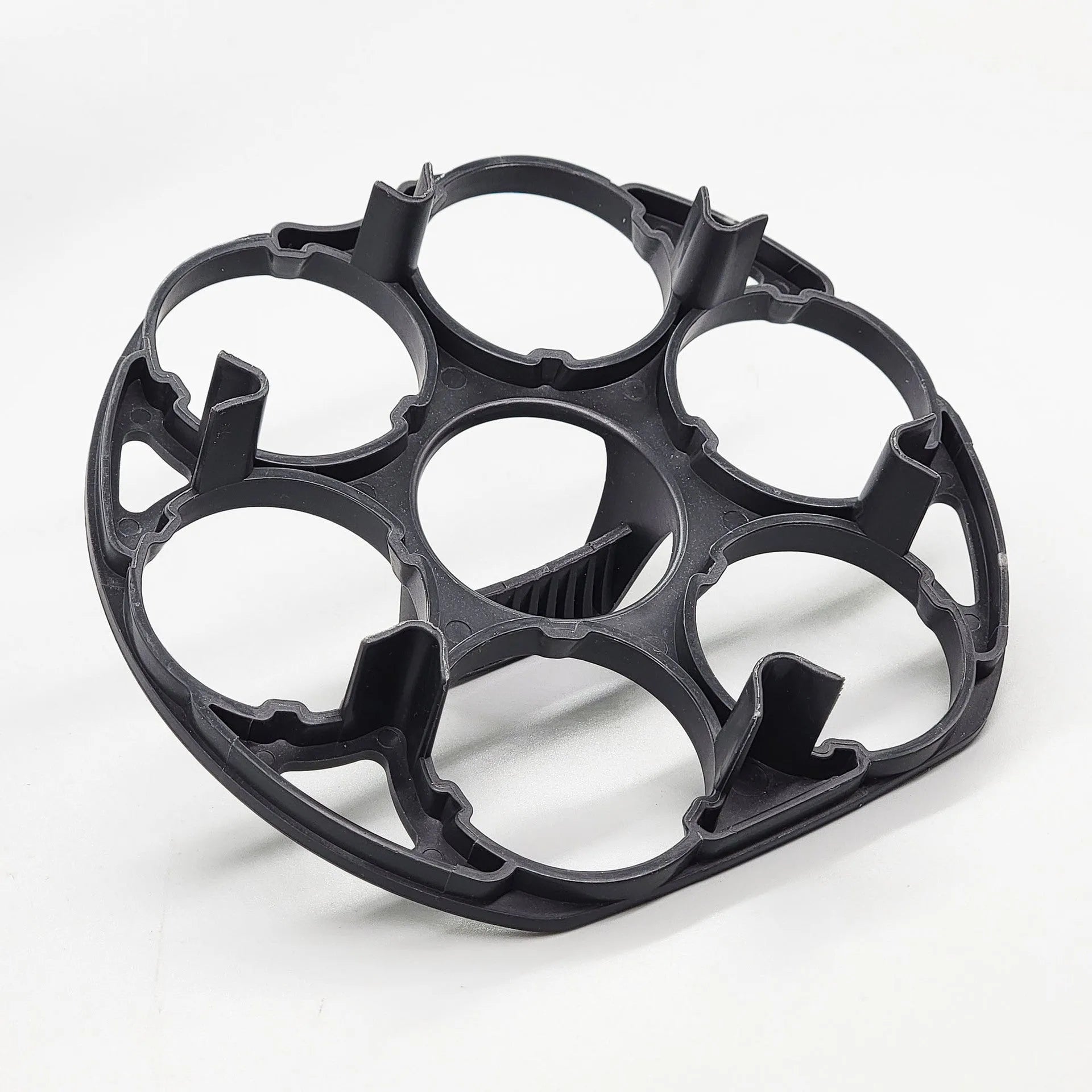 Black plastic egg holder basket with dimensions 13.8 by 12.6 by 5.7 centimetres