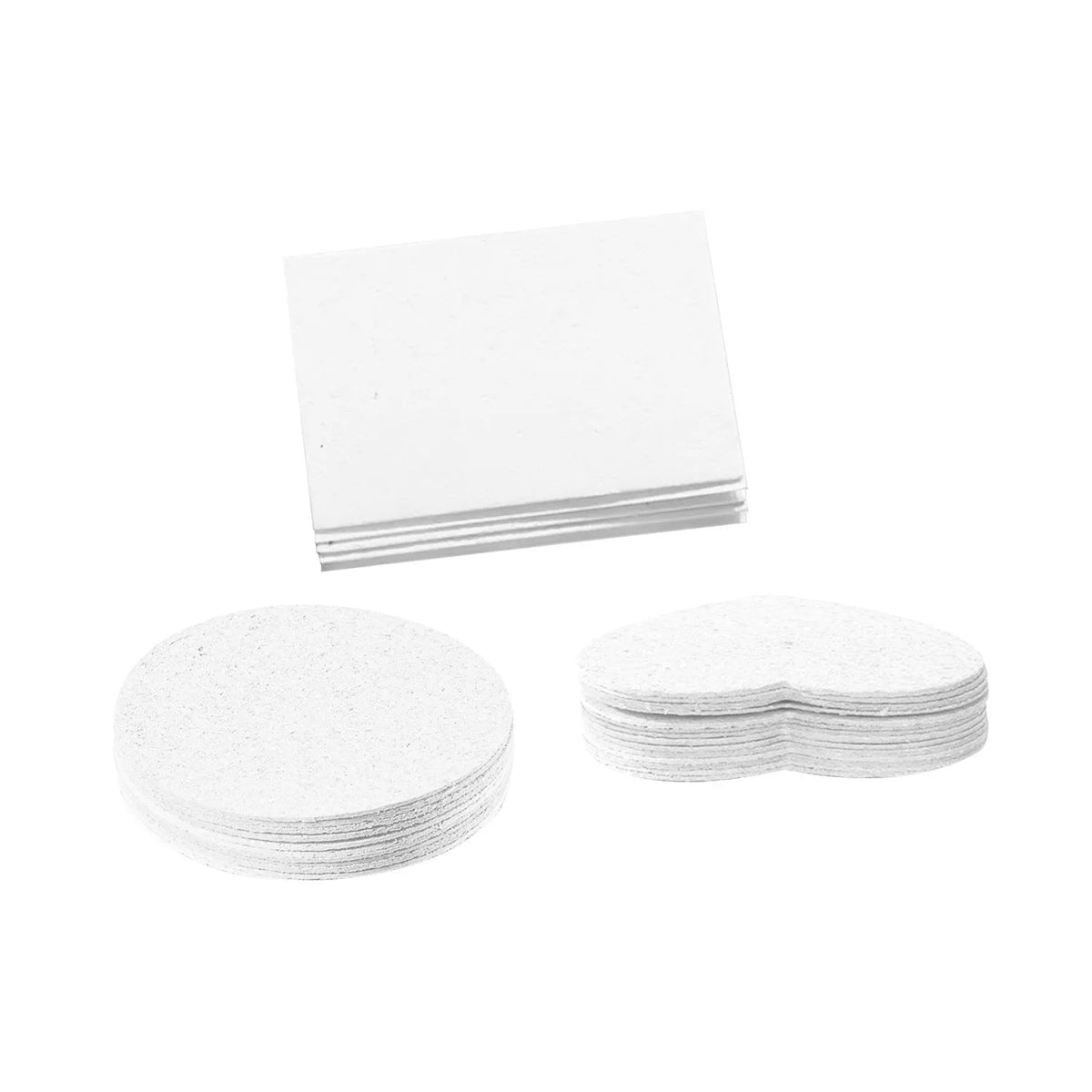 Popular cartoon painting sponge set showing six fountain pens and blank heart, round, and square wood pulp sponges.