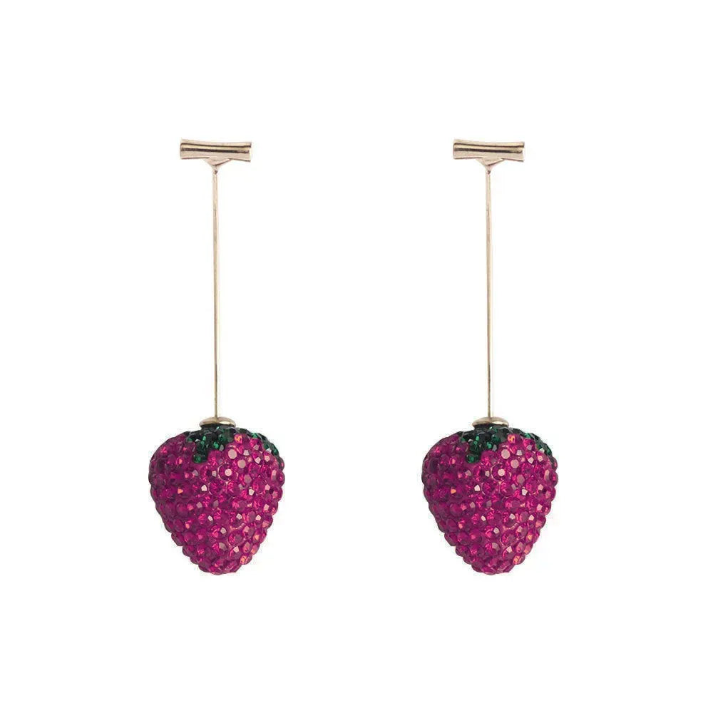 Close-up of geometric spot-drill strawberry stud earrings in red zinc alloy, shown on a plain background.