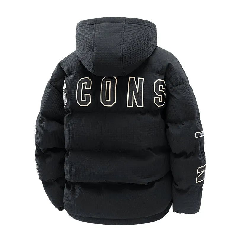 Men's black cotton-padded hooded coat with white letter print and side pockets in Korean cardigan style