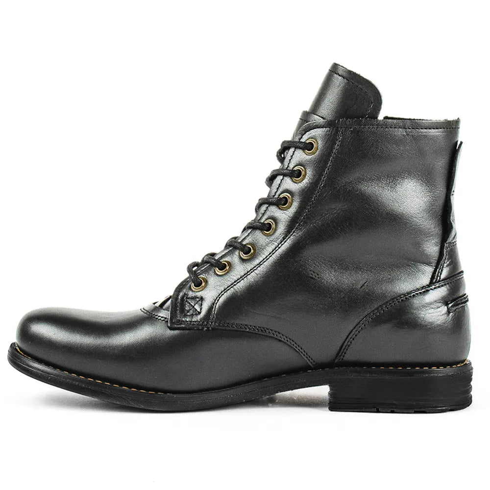 Knight Series men's two-tone leather ankle boots with side zipper, shown in black and brown.