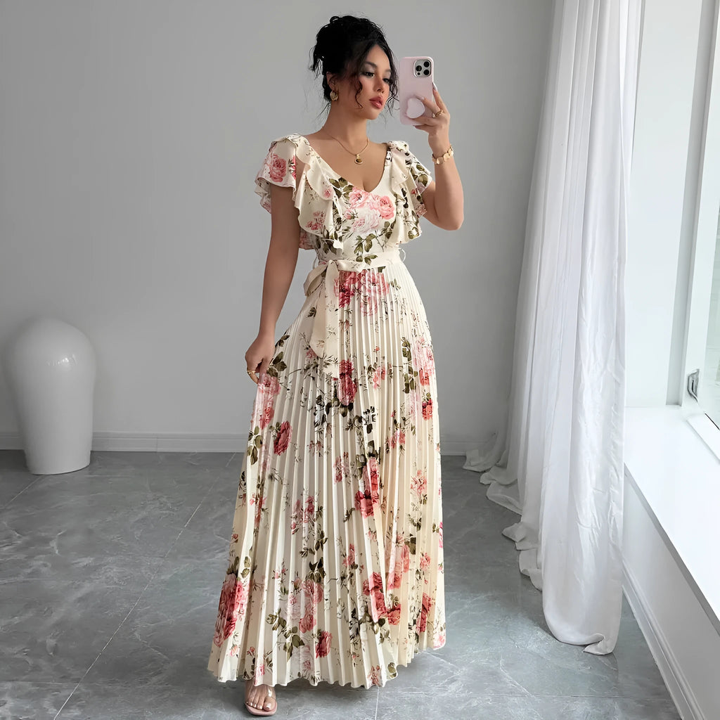 Apricot floral print dress with V-neck, ruffled short sleeves, and oversized swing skirt
