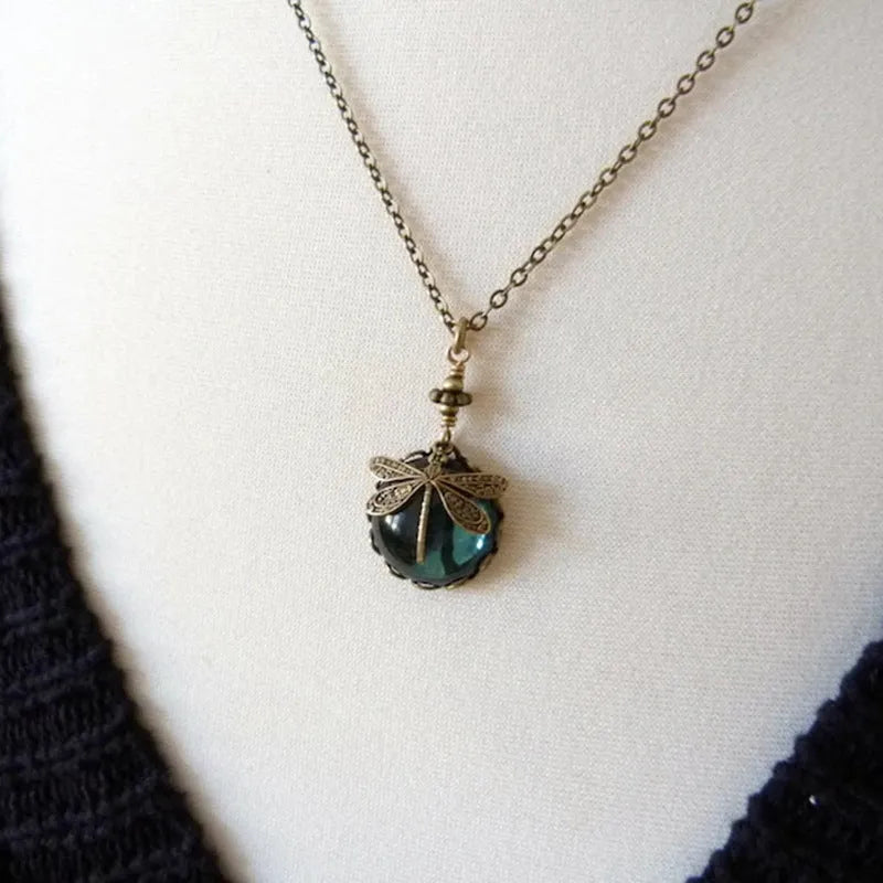 Yellow vintage bronze dragonfly pendant necklace on 925 silver adjustable chain with hand carved details