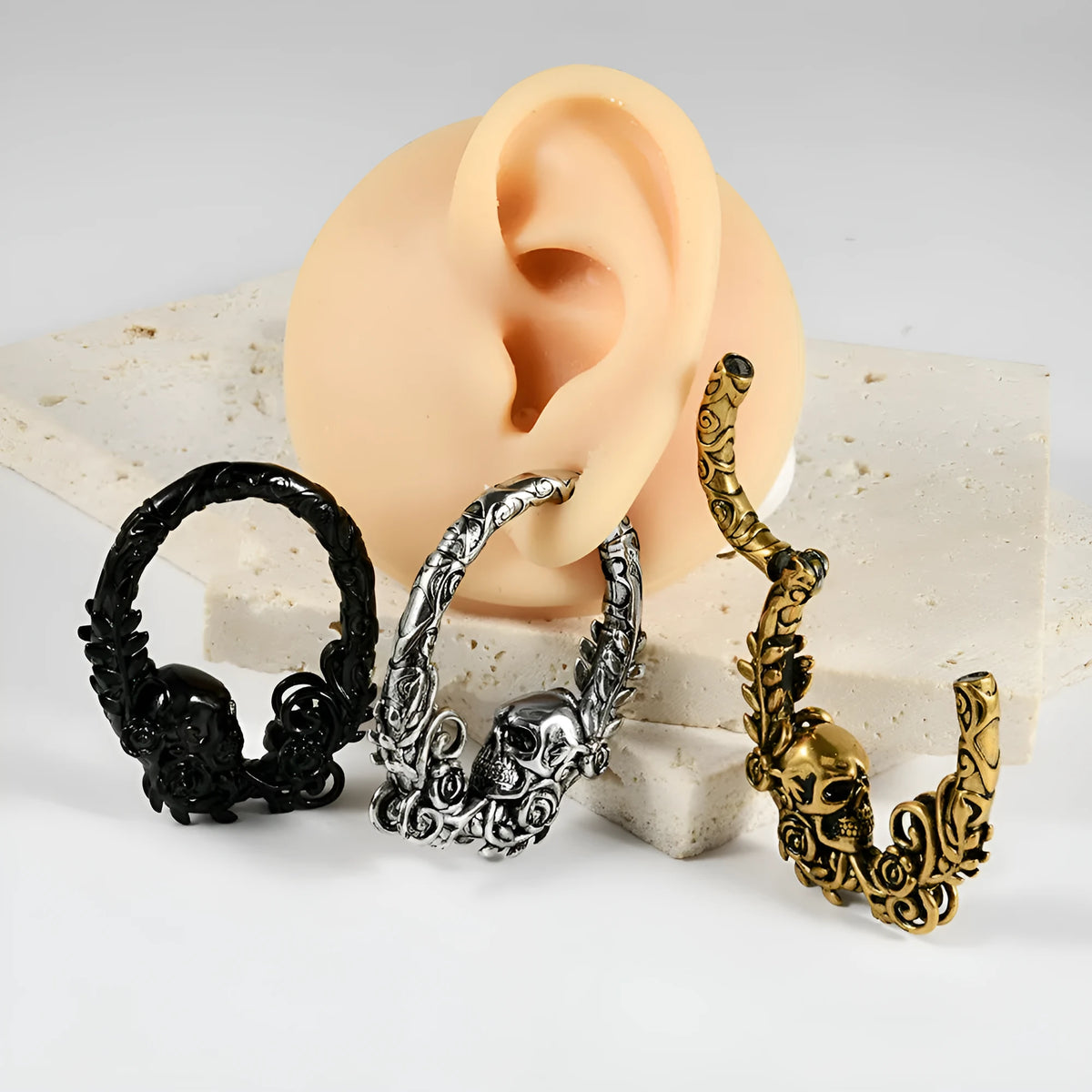 Stainless steel geometric totem pattern earrings with electroplated finish in silver tone