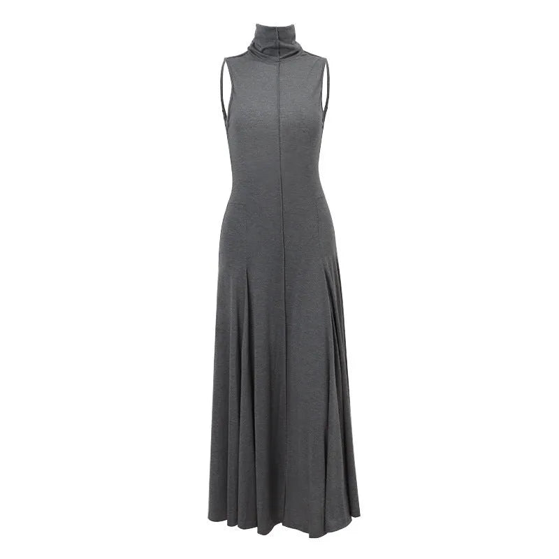 Grey women's slim-fit cotton backless dress with high waist and half turtleneck neckline