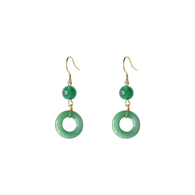 Green jade design peace buckle earrings with 14K gold plating and geometric ring details for Hanfu style