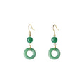 Green jade design peace buckle earrings with 14K gold plating and geometric ring details for Hanfu style