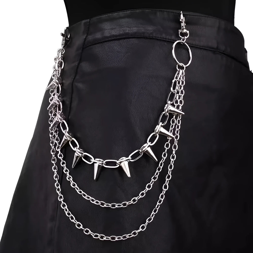 Silver metal punk pants chain with double layer and rivet details, 115cm long