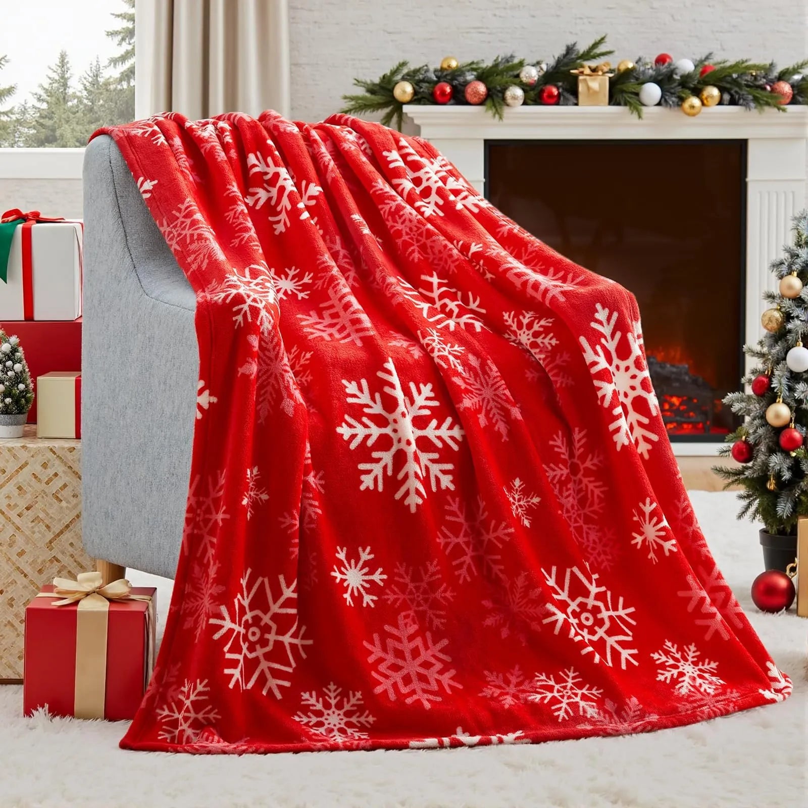 Soft flannel red Christmas blanket with plush texture on a sofa, showing reversible design and size scale.