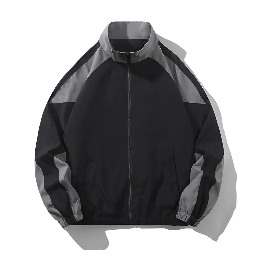 Men's casual jacket with contrast stitching design in black colour showing side pockets and regular length cut