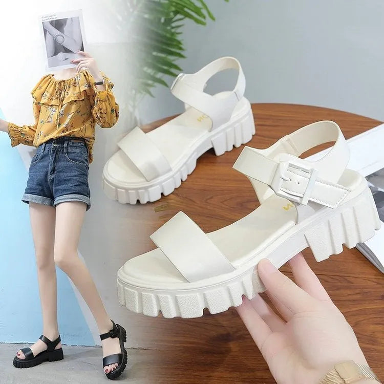 Beige women's peep toe platform sandals with ankle-strap buckle on a neutral background.