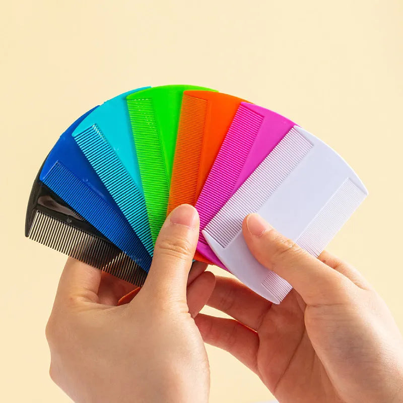 A double-edged fine-toothed plastic comb for flea and lice removal, shown in colour options.