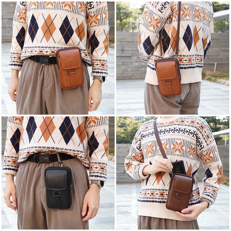 Men's black genuine leather crossbody waist bag showing lock closure and vertical square design