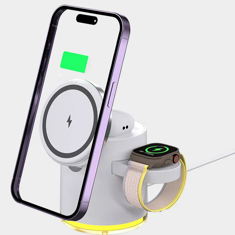 C16 three-in-one magnetic folding wireless charger in Black and Ivory White, charging a phone, watch, and earphones.