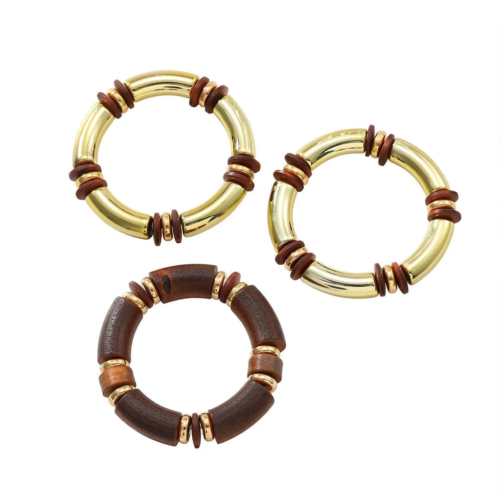 Women's European style wooden multi-layer necklace and bracelet set with alloy chain