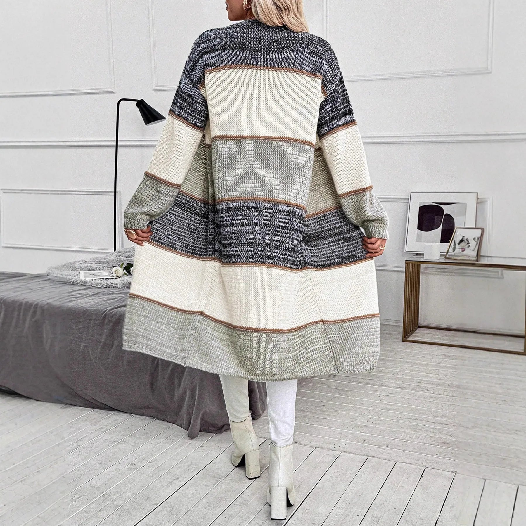 Grey stripe knitted cardigan with long sleeves in loose European street fashion style