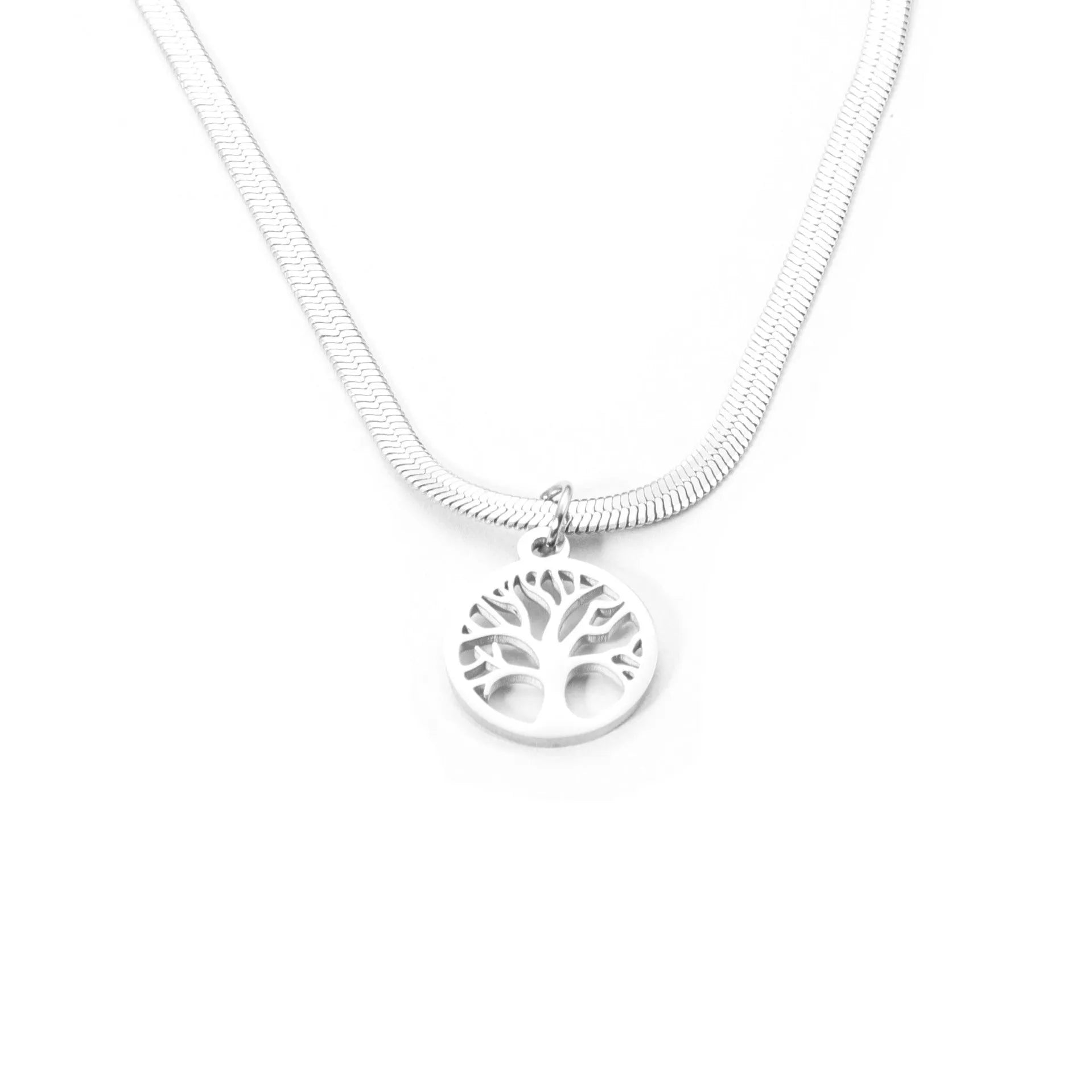 Stainless steel lucky tree necklace with U-shaped pendant on snake bones chain