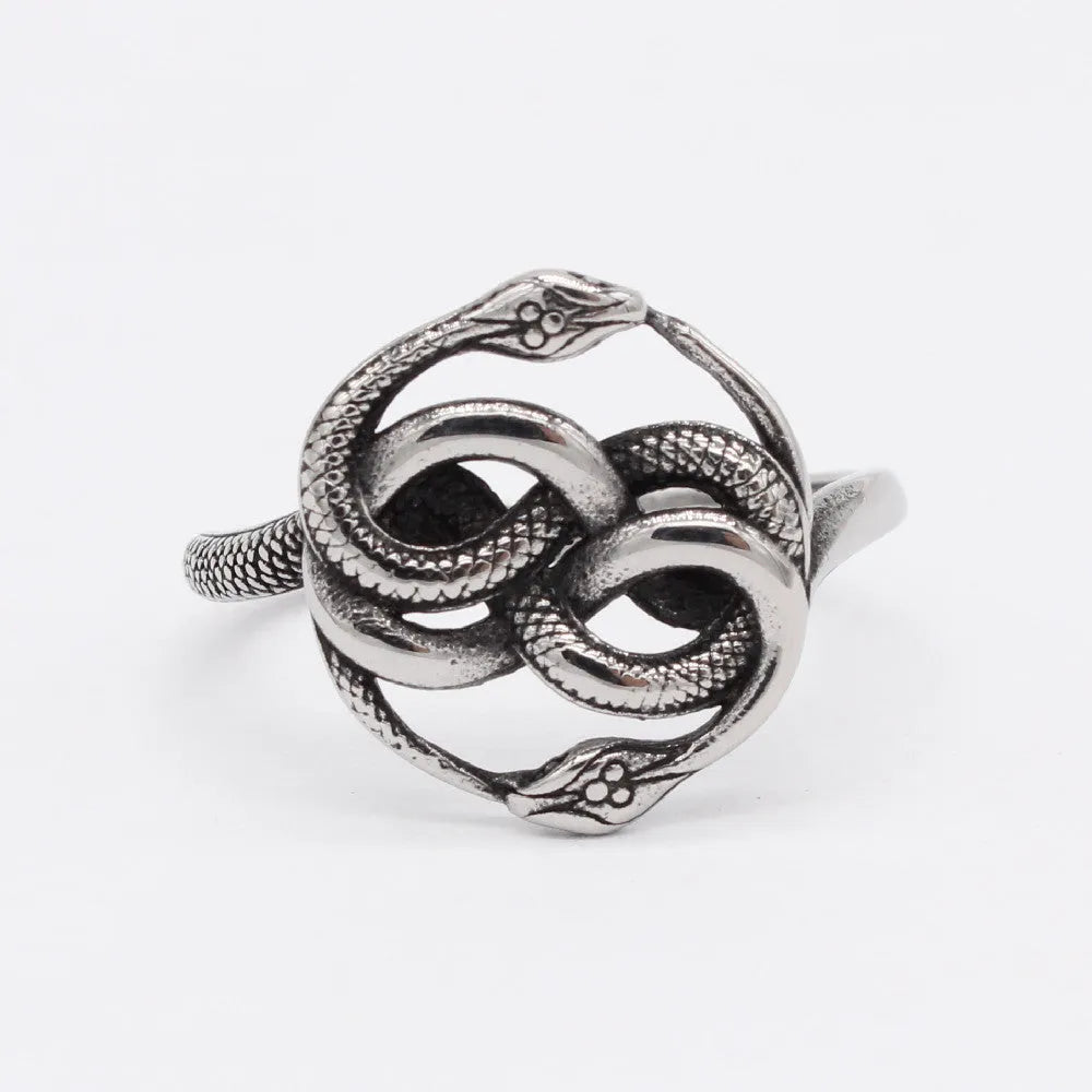 Titanium steel double snake ring with retro design in steel colour