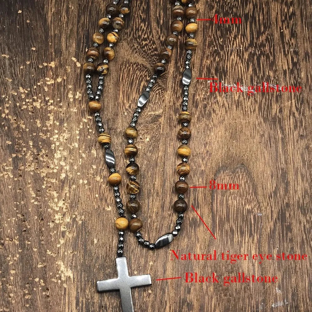 Men's stone cross pendant necklace on an 80cm ball bead chain
