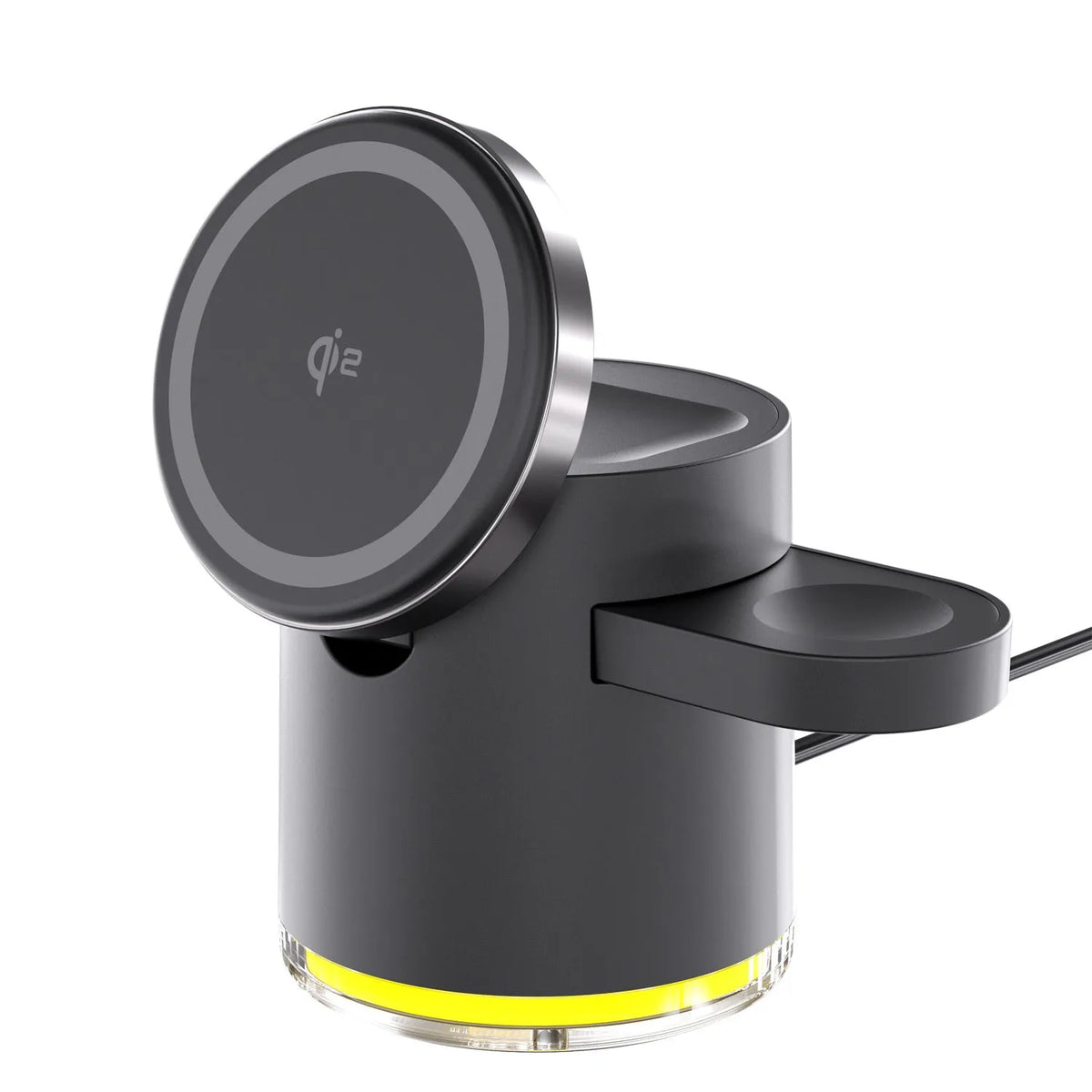C16 three-in-one magnetic folding wireless charger in Black and Ivory White, charging a phone, watch, and earphones.