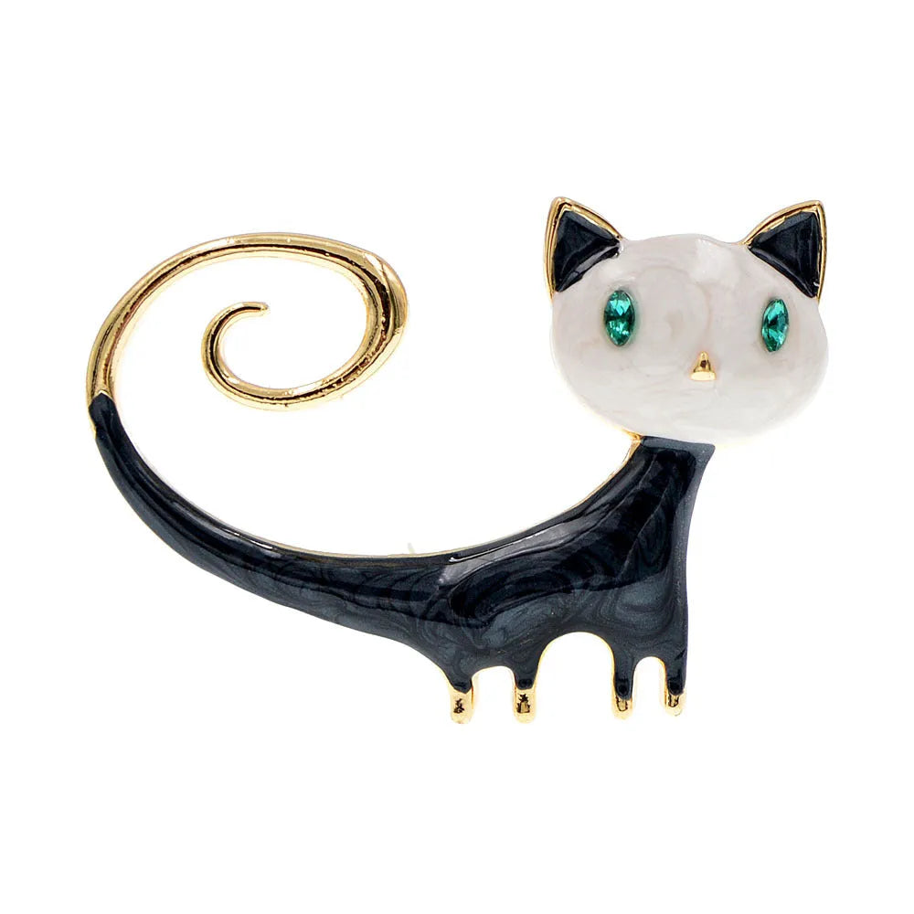 Alloy cat brooch with painted tail detail in white or orange colour for women's decorative fashion accessory