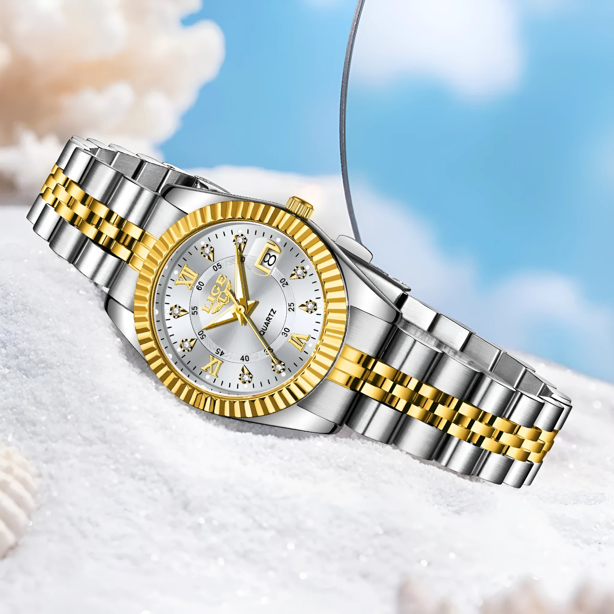 Waterproof leisure quartz watch in gold and silver colour options with 10mm case thickness.