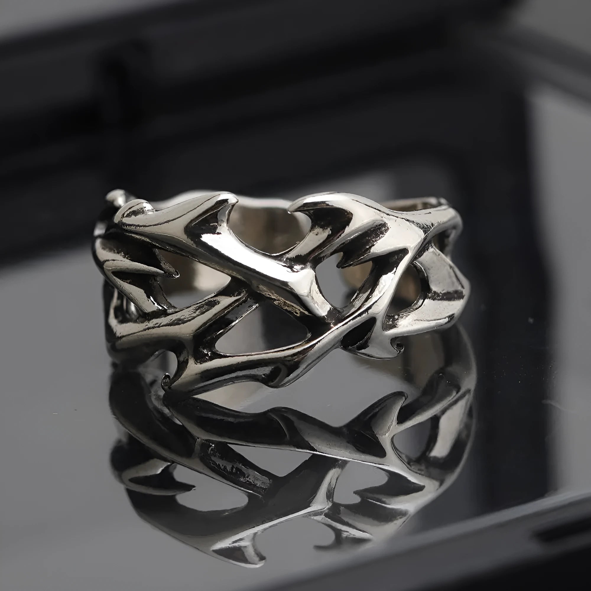 Copper geometric floral ring with thorn design and adjustable opening for men and women