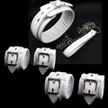 White PU sponge bondage restraint set showing handcuffs, foot cuffs, and a neck scarf.
