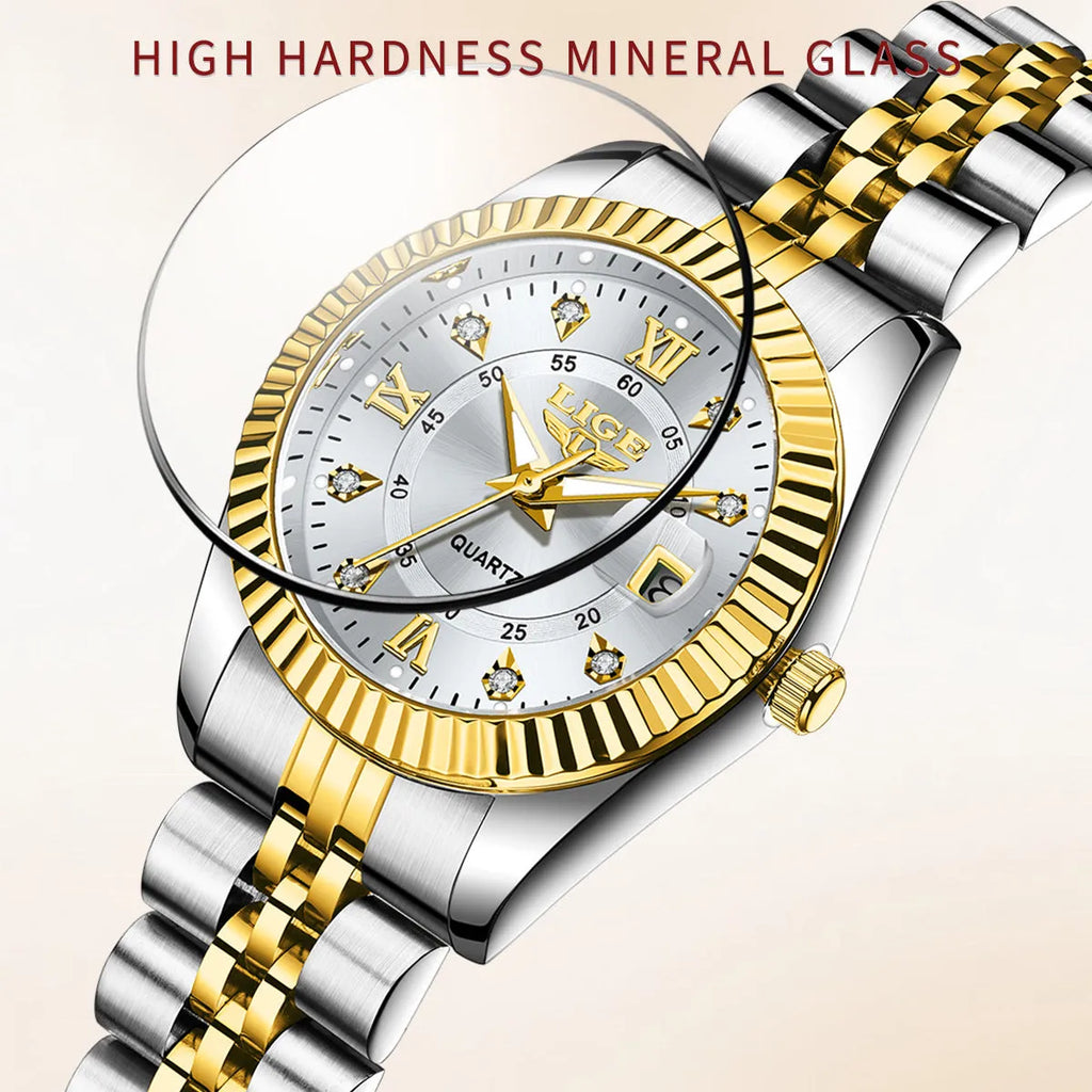 Waterproof leisure quartz watch in gold and silver colour options with 10mm case thickness.
