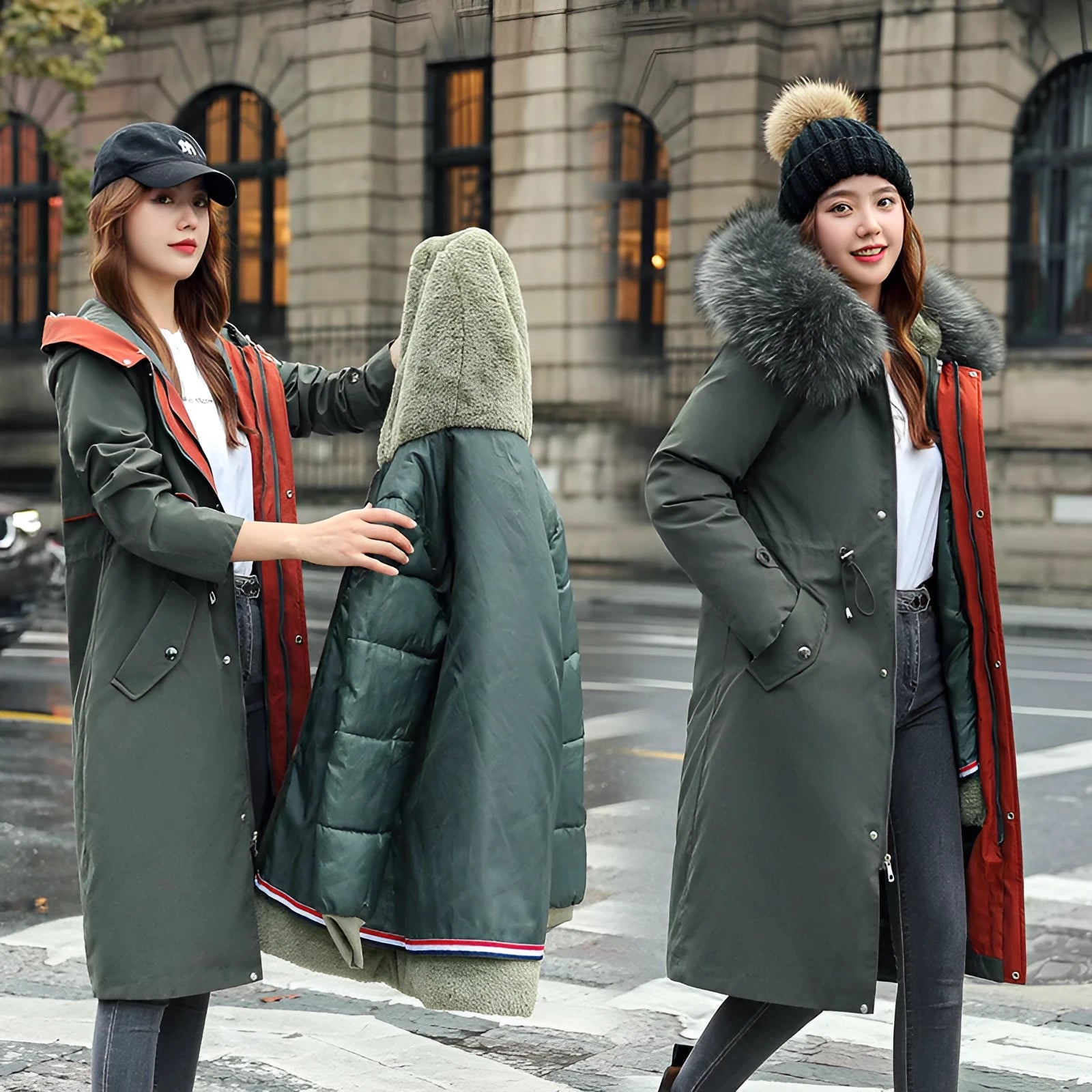 Women's long padded polyester fleece trench coat in bean green with a 100cm length