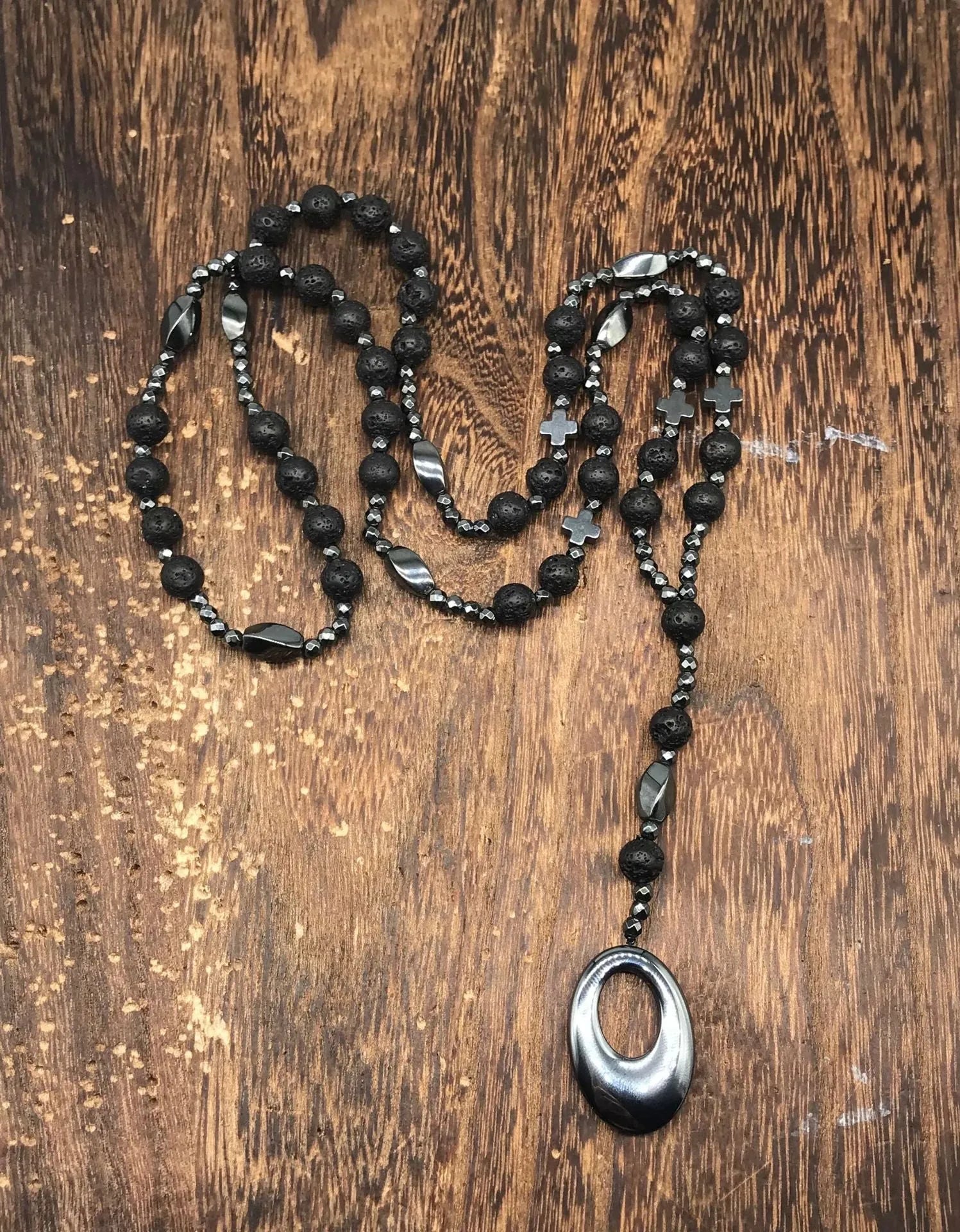 Men's stone cross pendant necklace on an 80cm ball bead chain