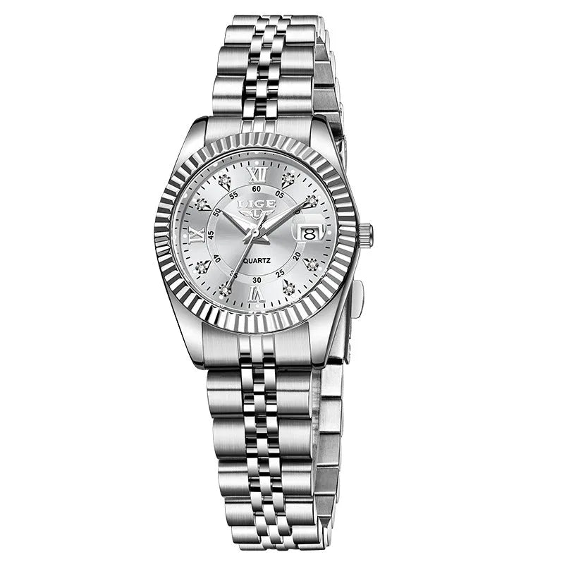 Waterproof leisure quartz watch in gold and silver colour options with 10mm case thickness.