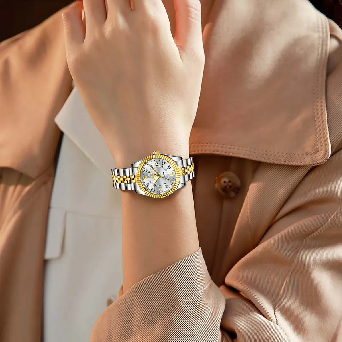 Waterproof leisure quartz watch in gold and silver colour options with 10mm case thickness.