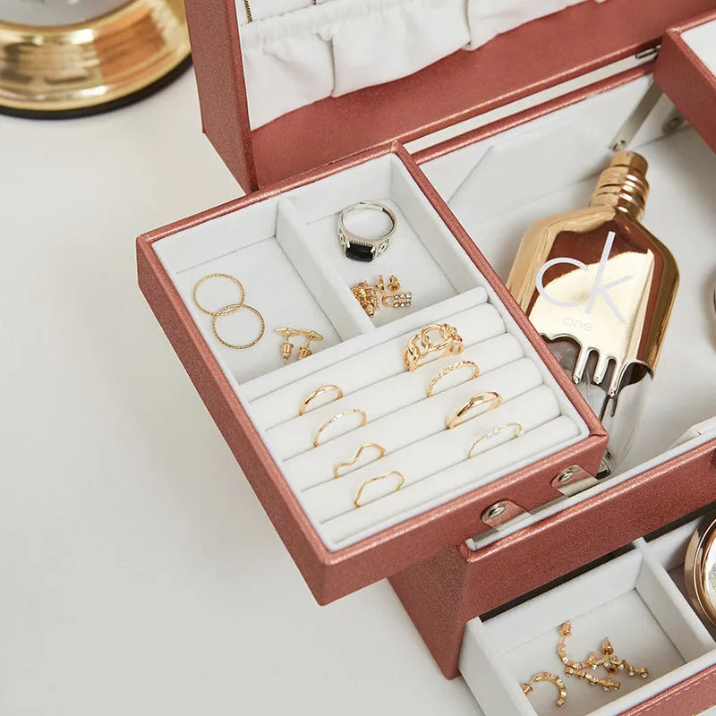 PU leather hard case jewellery storage box in beige, black, pink or rose gold colours