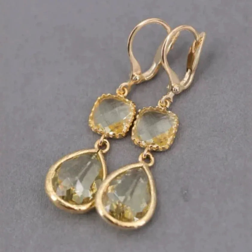 Retro geometric crystal fringe earrings with water droplet shapes in electroplated gold colour