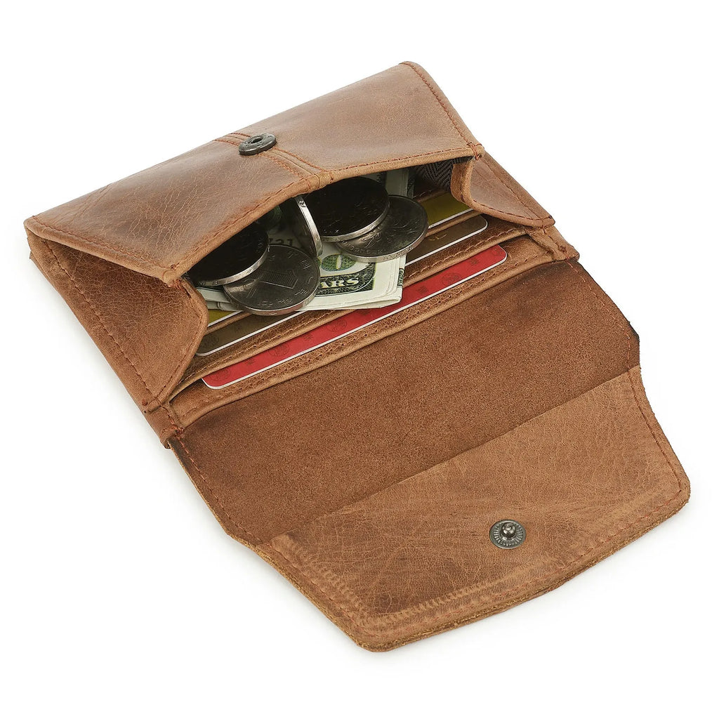 Genuine cowhide slim wallet with stitching detail, shown in multiple solid colour options.