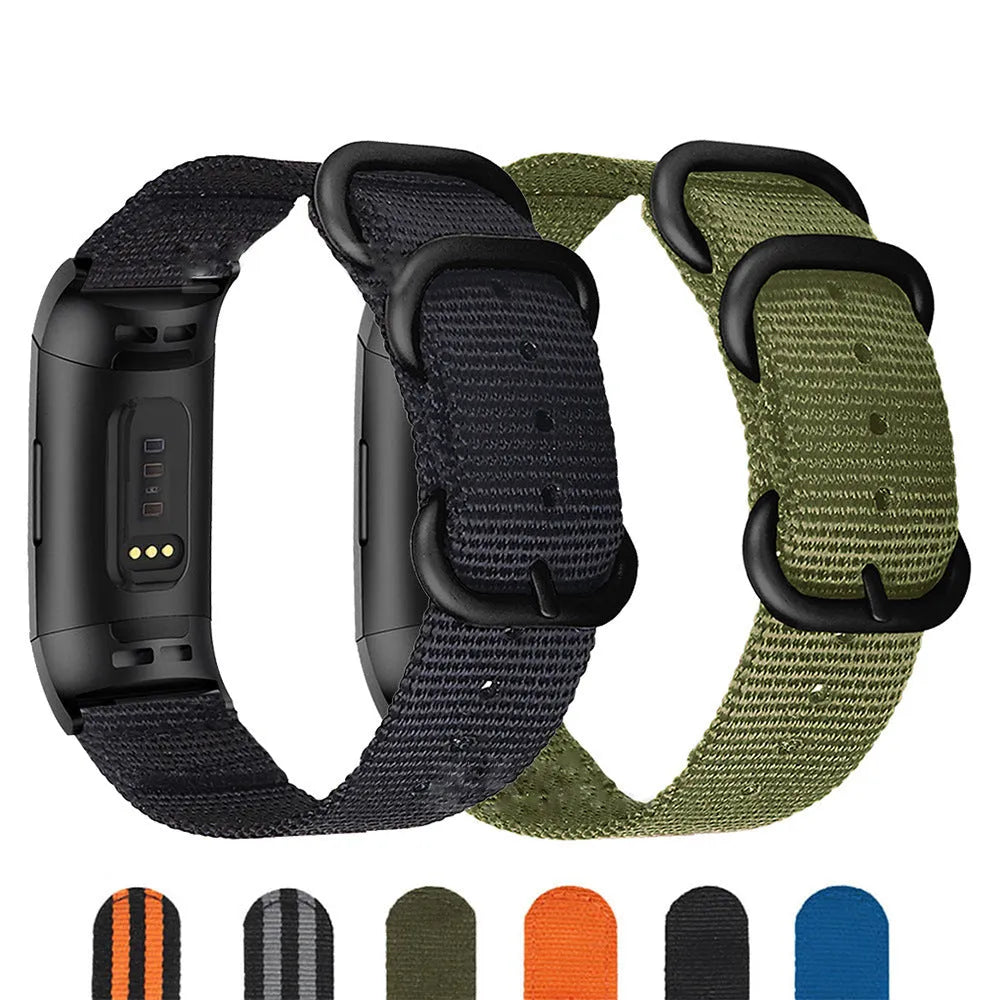 Fitbit Charge nylon replacement strap with three-ring buckle in army green colour.