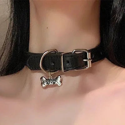 Black adjustable leather choker collar with a choice of cat paw, bone, or LD style charms.