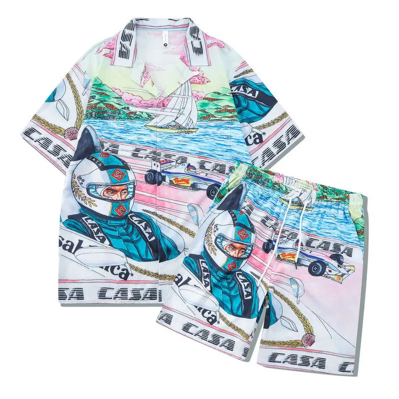 Beach outfit set with plaid printed shirt and matching trousers for teenagers in polyester fabric