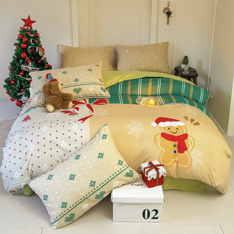 Christmas cartoon print bedding set with gingerbread man design on washed cotton, showing duvet cover and pillowcases.