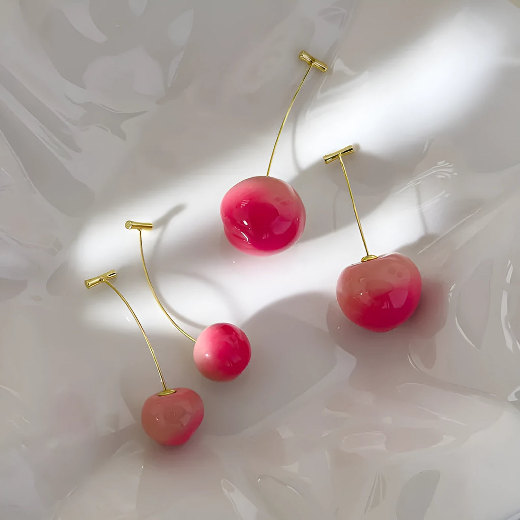 Acrylic peach fruit earrings showing small and large size options with copper findings