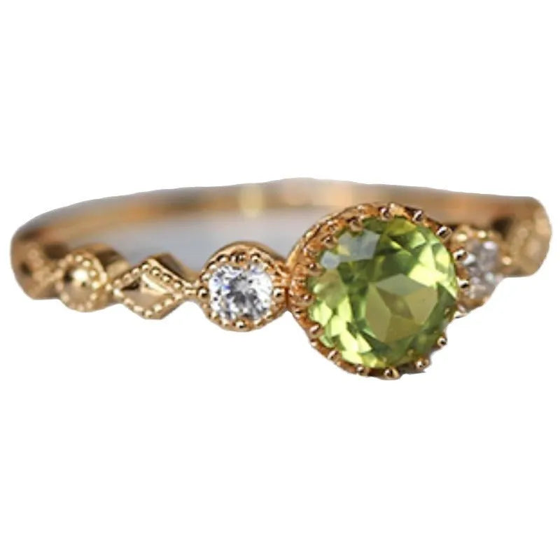 Copper geometric ring with quadrilateral design and imitation peridot centre in Japanese retro style